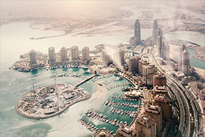 Doha, the capital of the state of Qatar. View from the airplane; AdobeStock_259807594