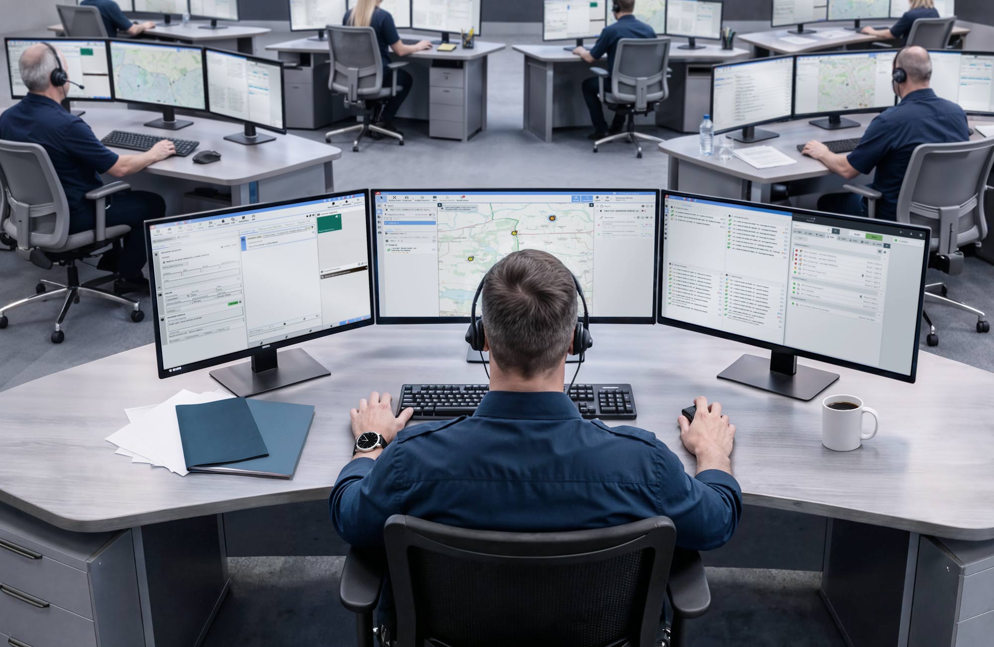 Complete control room solutions header picture, showing people in a control room, each operating on three screens