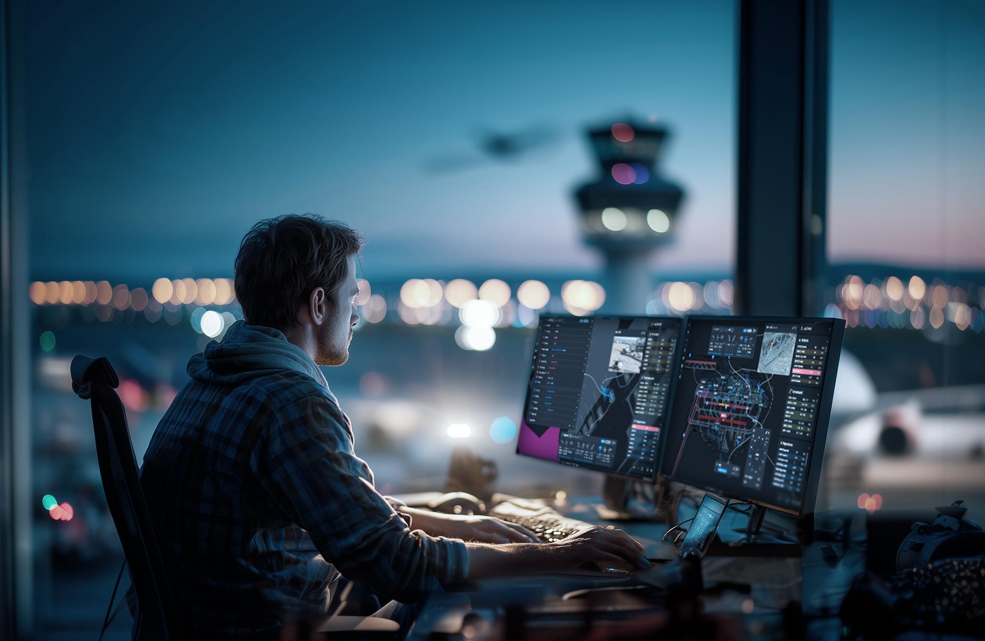 AirportSUITE header picture, showing a controller in front of the screens, tower in the background