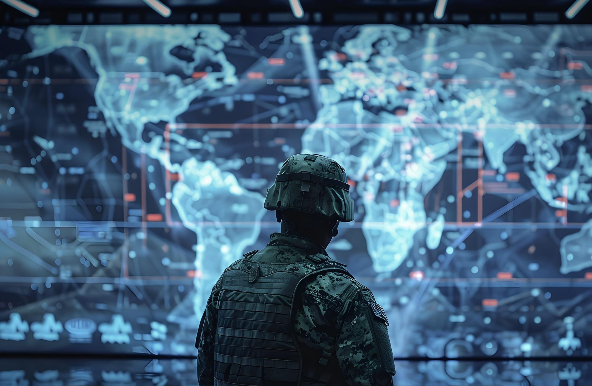Holistic Air Defence Networks header picture, showing a man from behind, in front of a screen