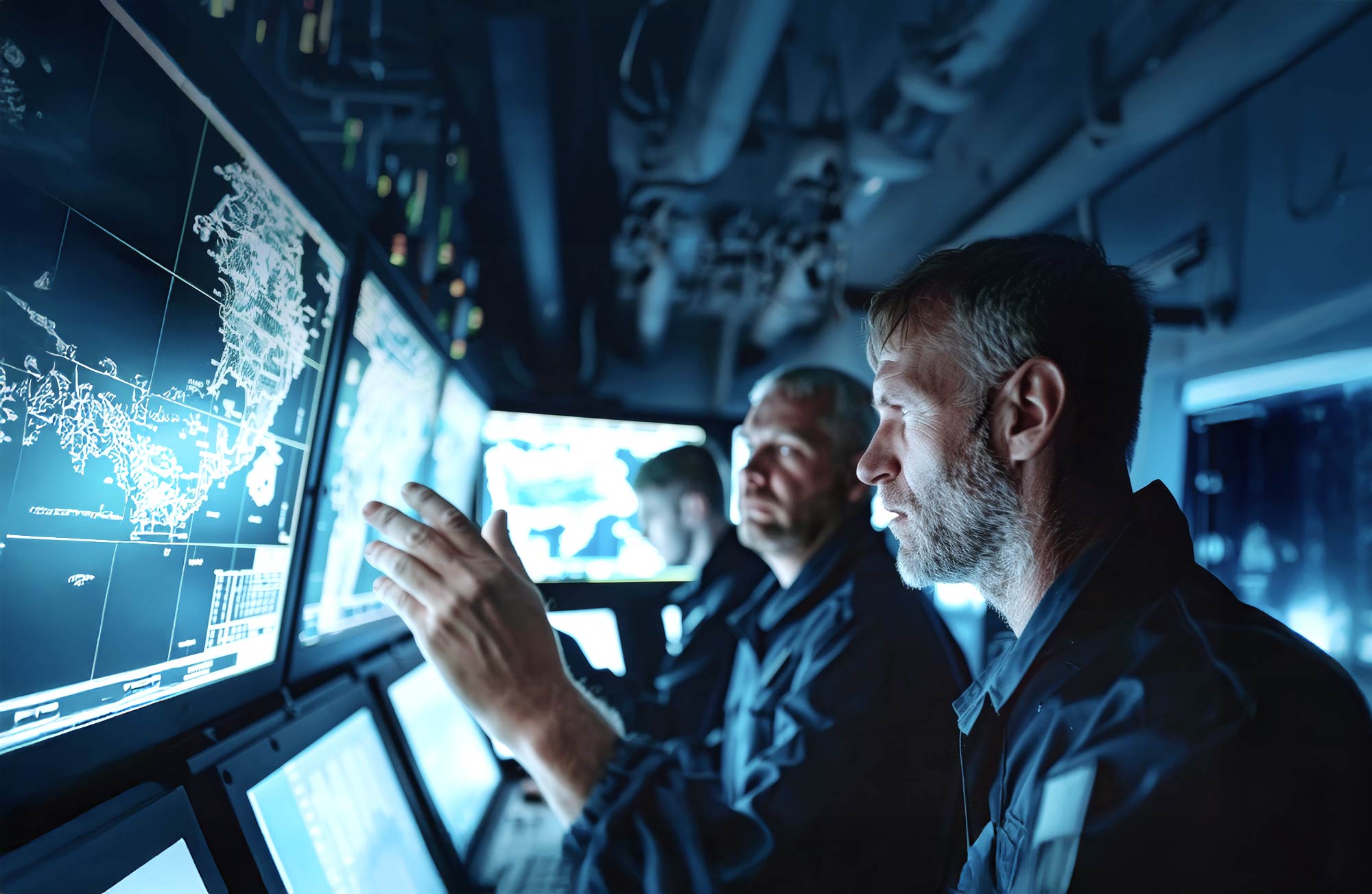 Integrated mission command and control header picture, showing three people observing and discussing in front of the screens