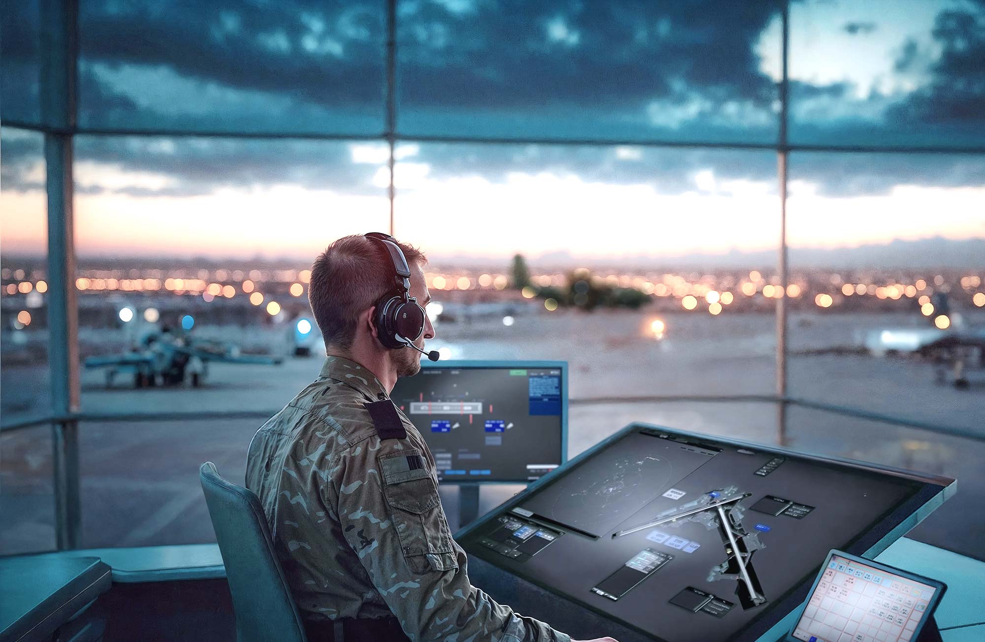 Advanced military air traffic control header picture, showing a man in a control room