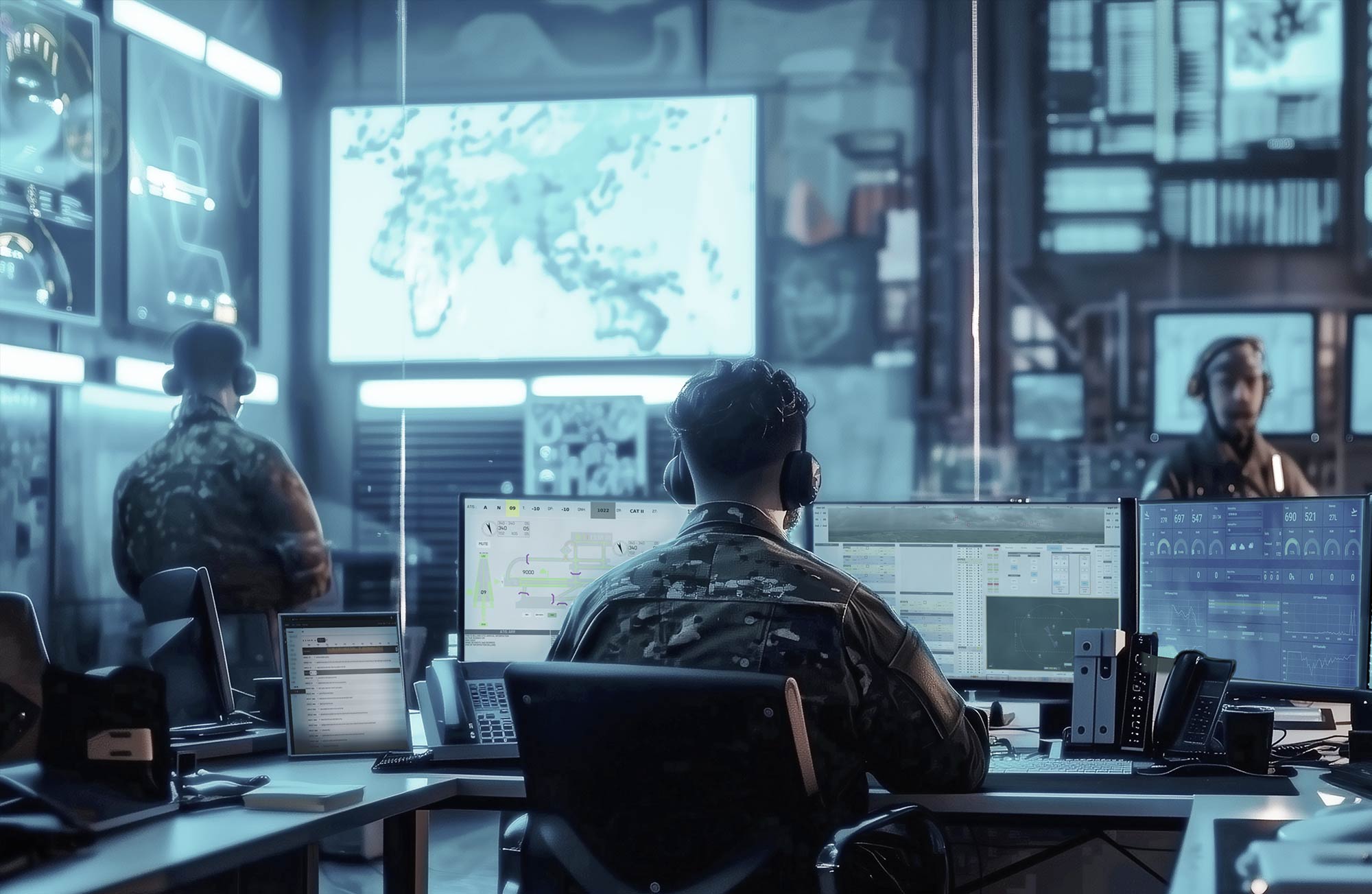 Unified voice, video and data recording header picture, showing a control room and three people operating