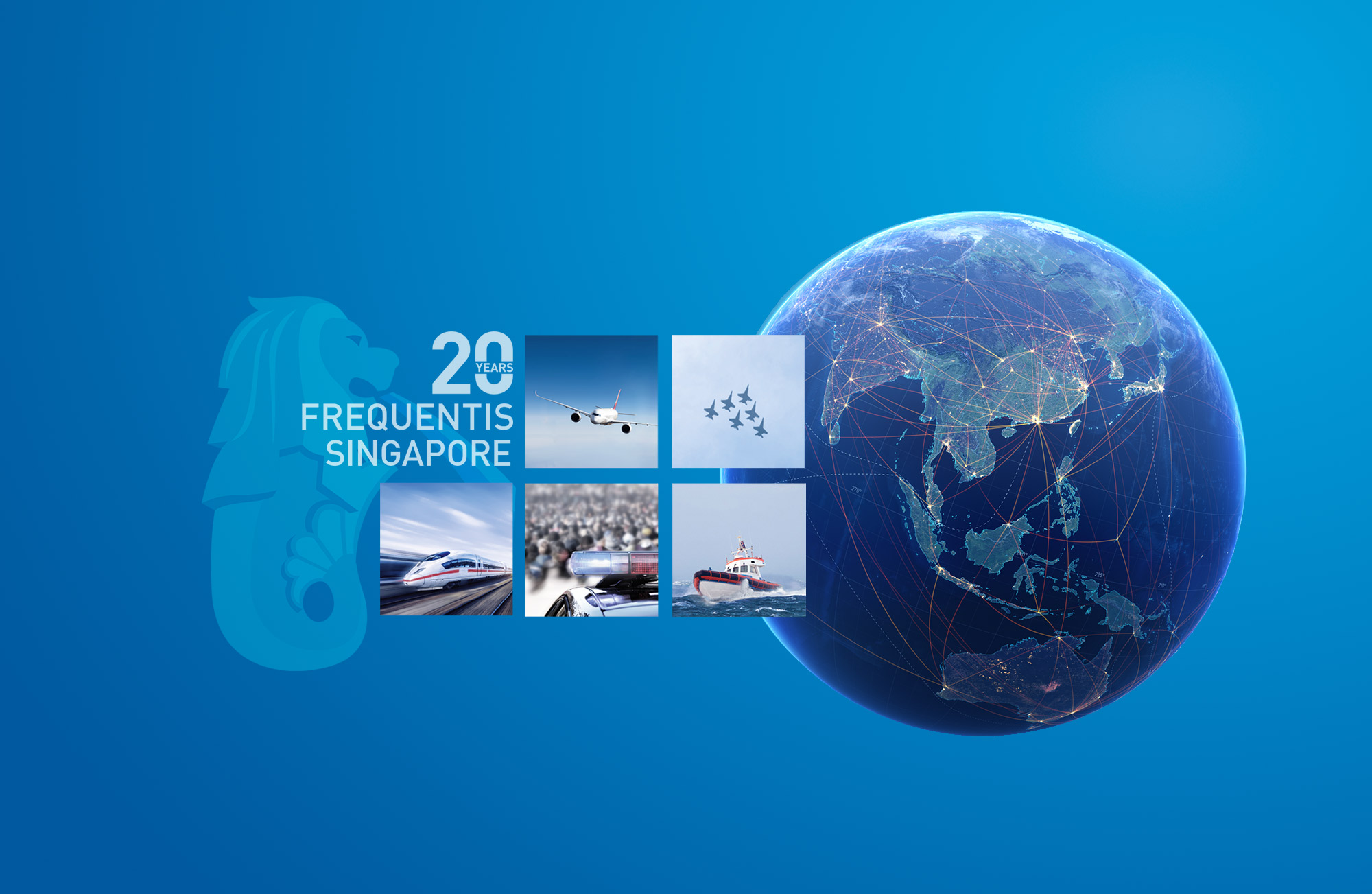 Working @ Frequentis Singapore website header, showing a dragon, a globe and text of 20 years Frequentis Singapore