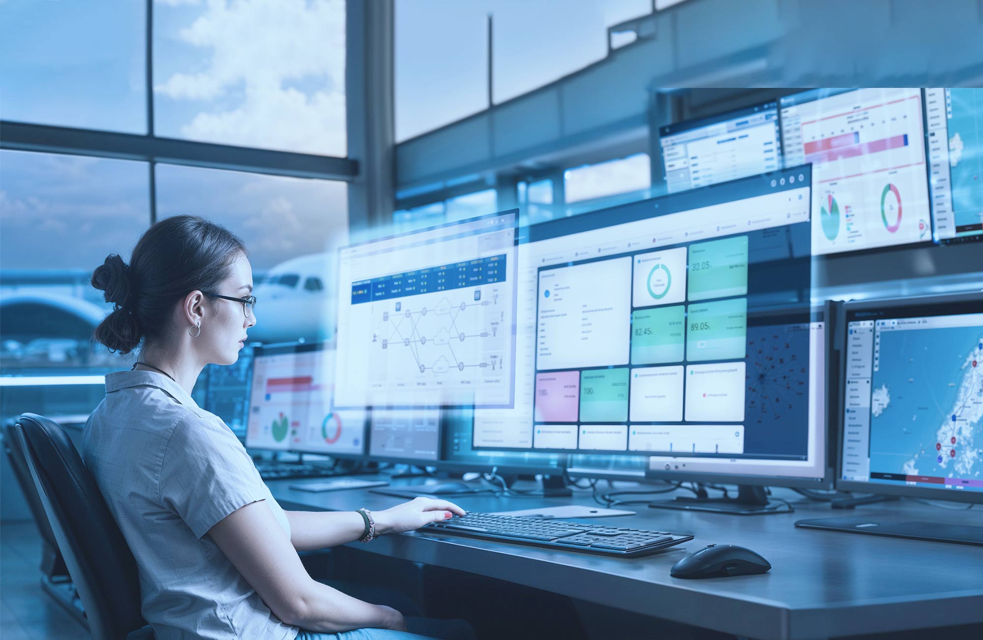 Network Management System header picture, showing a female operating person in front of the screens