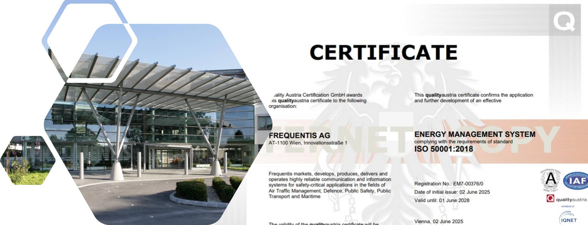 Entrance to Frequentis Headquarters and screenshot of the ISO certificate