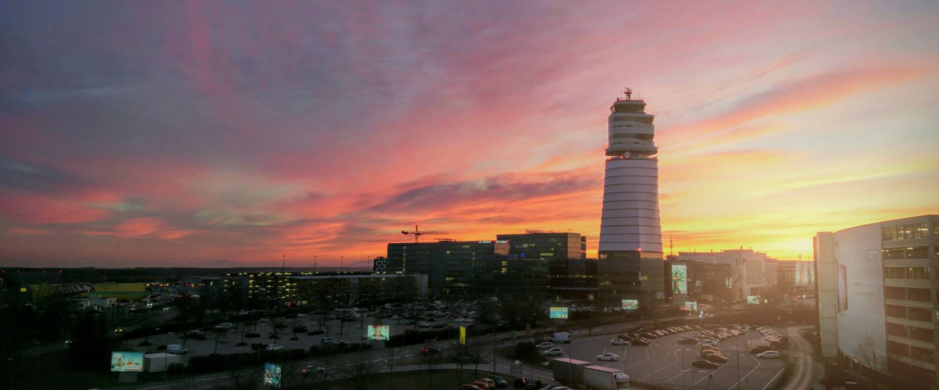 Air traffic management tower of Vienna international airport during sunset