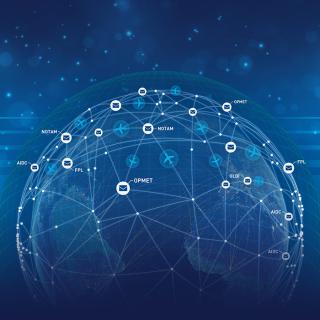 Frequentis AIDA-NG graphic, showing a globe, blue background and the connections
