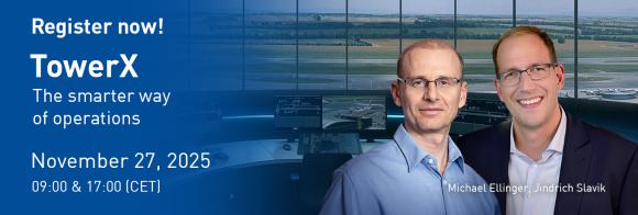 Teaser picture for the webinar "eXplore TowerX – The smarter way of operations", showing the speakers, and a call to action to register 